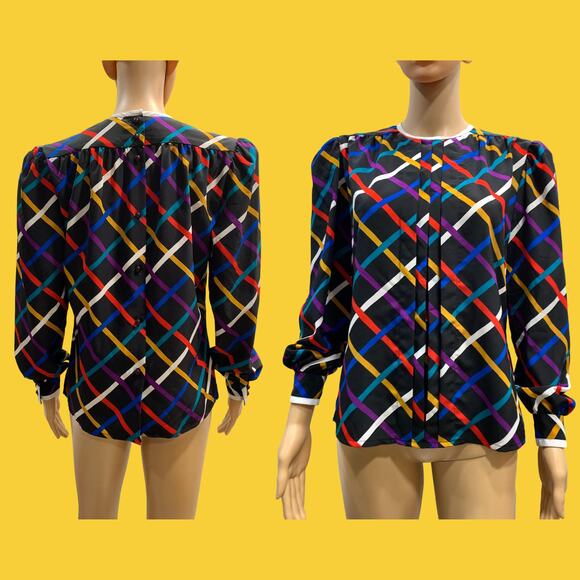80s 90s Albert Nipon Colorful Grid Pattern Blouse | Pleat Front | XS - Picture 1 of 9